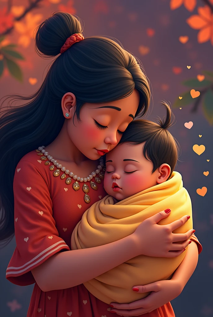 1 indigenous newborn sleeping in his mother's arms, he only has 1 hair, cartoon-like, the scene has vibrant and very striking colors.