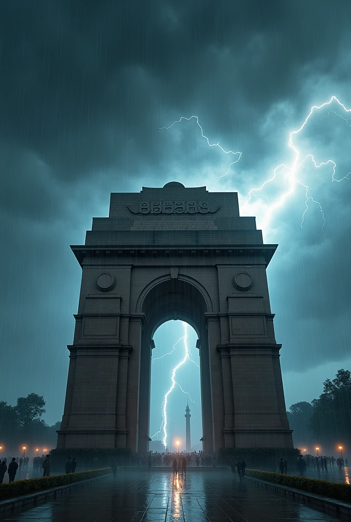India gate delhi, rainfall and thunder light above India gate in the sky