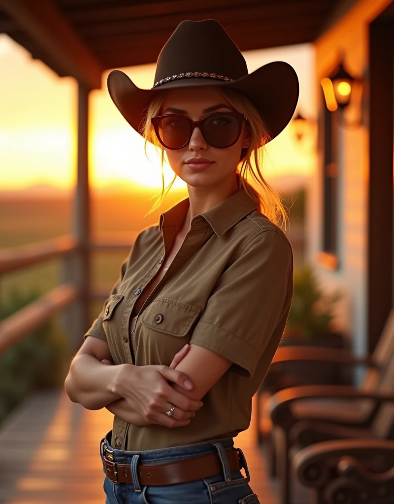 Realistic photography,40 years ranch lady. Beautiful lady, cutie, wearing sunglasses, a cowboy hat and light brown shirt, stands on the veranda ,sunset Shot in the knees,(skinny:1.3),Aesthetic work of art, intricate light brown pixie hair, , Realistic details, perfect proportions, Full length photo, very beautiful, strong perfect body, posing, pout, looking straight into the camera,high detail, Sharp Focus (natural light),, Crazy details, complex parts, hyperdetailing, orange atmosphere