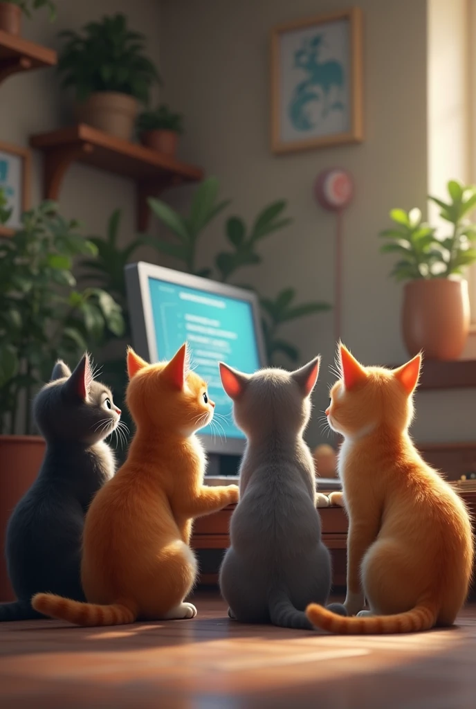 About four cats sitting on the floor watching their computer while talking about the topic they are watching