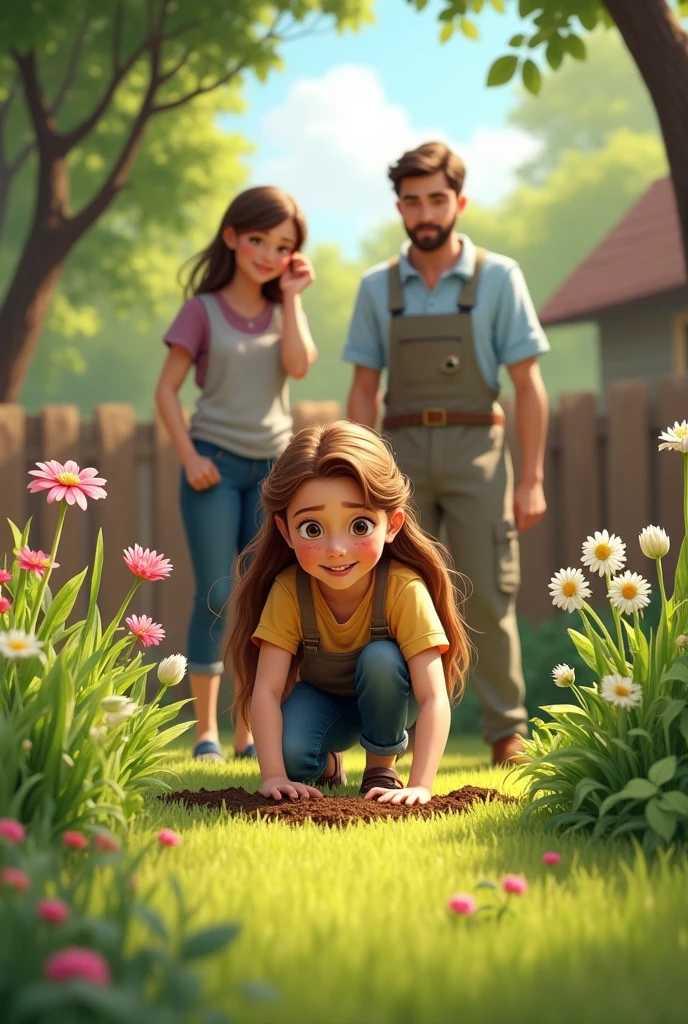 Brown-haired girl pulling weeds out of the yard with her parents