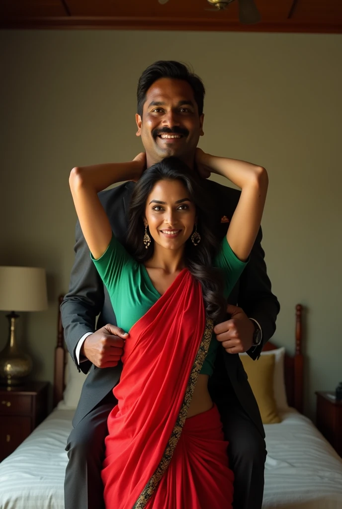 Beautiful and Slim, Sexy Indian woman in green blouse red saree lifting a large chubby man above her shoulders, man is sitting on woman's shoulders, in a bedroom with high ceiling, natural smile, woman is looking into the camera , full body image 