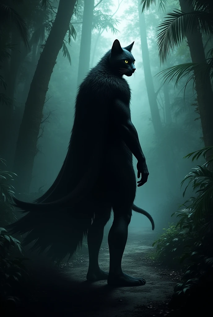 Catman Feels Watched**
- Scene: Same jungle, darker, with more shadows.
- Character: Catman standing still, looking over his shoulder with tense, alert posture. His fur slightly raised, eyes wide with suspicion.
- Action: A chill in the air as he senses something behind him.