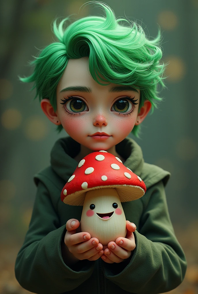 Make a man with green hair and black eyes without a beard, holding a red mushroom with white dots and a smiling face
