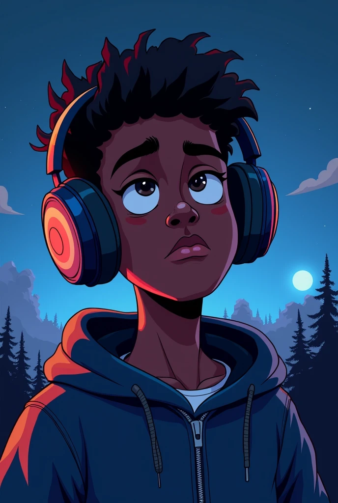 I want to create a photo for my pluggnb style music album and I want it to be in the form of a cartoon of a young dark-skinned man with headphones listening to music seriously in a night landscape