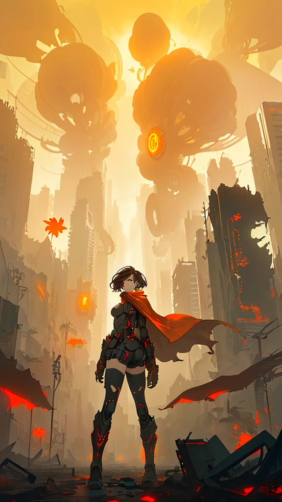Create an image of a young woman with short brown hair, wearing a red cape and gloves, standing next to a futuristic bicycle. The scene is set in a post-apocalyptic urban environment, filled with swirling yellow and orange hues that resemble leaves or debris being blown by the wind. The sky is a bright yellow, indicating a dramatic and surreal atmosphere. In the background, there are hints of city ruins and abstract shapes, emphasizing a sense of chaos and movement. The overall style should be dynamic and artistic, with a focus on the contrast between the character and the vibrant, chaotic background.