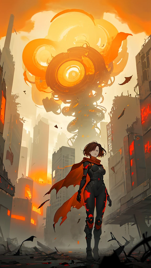 Create an image of a young woman with short brown hair, wearing a red cape and gloves, standing next to a futuristic bicycle. The scene is set in a post-apocalyptic urban environment, filled with swirling yellow and orange hues that resemble leaves or debris being blown by the wind. The sky is a bright yellow, indicating a dramatic and surreal atmosphere. In the background, there are hints of city ruins and abstract shapes, emphasizing a sense of chaos and movement. The overall style should be dynamic and artistic, with a focus on the contrast between the character and the vibrant, chaotic background.