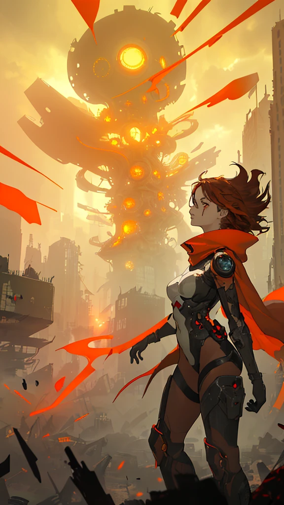 Create an image of a young woman with short brown hair, wearing a red cape and gloves, standing next to a futuristic bicycle. The scene is set in a post-apocalyptic urban environment, filled with swirling yellow and orange hues that resemble leaves or debris being blown by the wind. The sky is a bright yellow, indicating a dramatic and surreal atmosphere. In the background, there are hints of city ruins and abstract shapes, emphasizing a sense of chaos and movement. The overall style should be dynamic and artistic, with a focus on the contrast between the character and the vibrant, chaotic background.