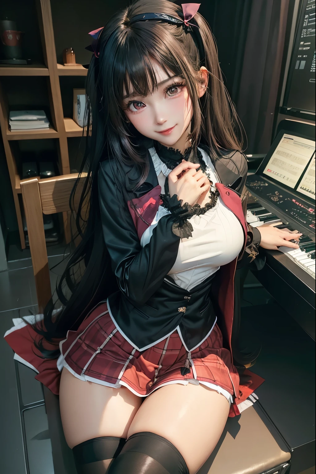 high school girlブレザー、high school girl、Red checked skirt、JK Style、Jacket、smile、garter、Knee socks、Panty stocking、Otherworldly beauty、Really cute、boredom、Extraordinary beauty、Dark black eyeshadow、sorrow、Good skin radiance、Long Hair Straight Hair、Dark Gothic Makeup、暗いsmile、Beautiful woman、Stained Glass Background、On the table、Highest quality、5 reference books、Sweat glistens on my chest、Sweat glistens on my face、Thigh sweat、sweating、Black frill East size Regular size、Dark pink hair、2、Sweat on your thighs、Sweat a lot and become sticky。、My thighs are sticky and shiny、Sweating on thighs and chest、Small breasts、Slightly slim、Sweating all over the body、Ah, I play the synthesizer.、sit and play an instrument、Thin legs、Two people、Lesbian couple、hug、私の女友達はReally cute顔をしている、My female friend has a very beautiful face.、Do lesbian play、Super straight hair、Extremely fair skin、Play the synthesizer、Sexy expression、Sitting in front of a synthesizer instrument、The expression of someone who is trying to hold back from masturbating、Panting expression、Ecstatic expression、Working with synthesizers、Playing a keyboard instrument、