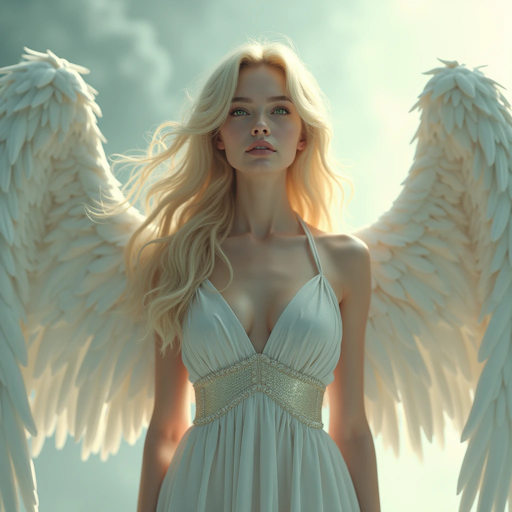 masterpiece, best quality, high quality, extremely detailed CG unit 8k wallpaper,high quality, highly detailed, Imagine a dreamlike scene with a beautifull female angel, she have Golden blonde hair and white longe wings. Longe silver dress and she have powerfull aura, she have Green eyes and gently aspect, Celestia. Full body portrait award-winning photography, Bokeh, depth of field, HDR, photorealistic, extremely detailed, trend on artstation, trend on CGsociety, Complex, High Detail, dramatic, art by midjourney