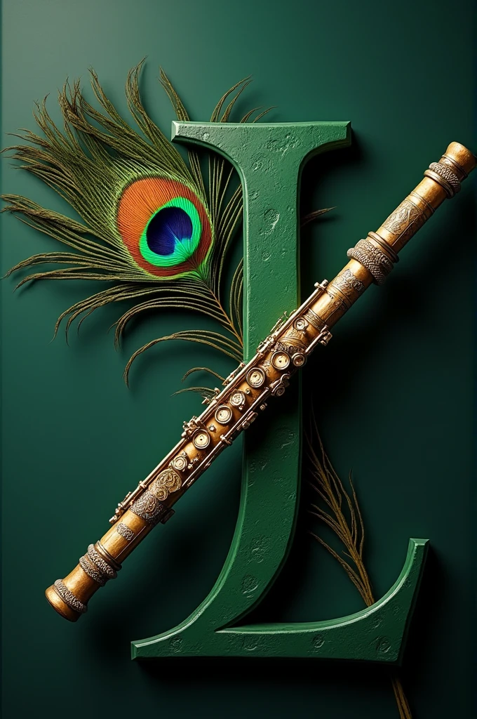 Sandip flute adorned with intricate details is placed diagonally across a large, stylized green letter sandip. Behind the flute is a vibrant small peacock feather adding a touch of colorful elegance to the composition. The background is green effect with dark, making the elements stand out distinctly.
