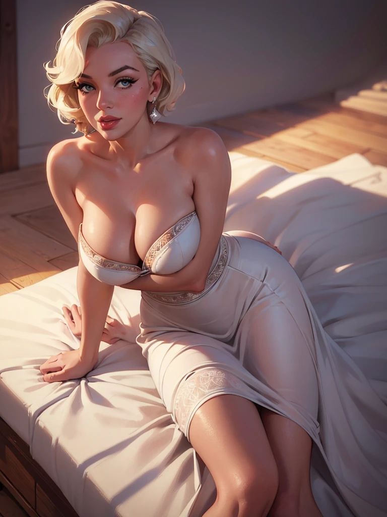 a beautiful busty Marilyn Monroe, detailed realistic face, long eyelashes, full lips, wearing a white dress, sensual pose, cowgirl, western style, intricate details, high quality, photorealistic, cinematic lighting, vibrant colors, dramatic shadows, seamless blending, masterpiece