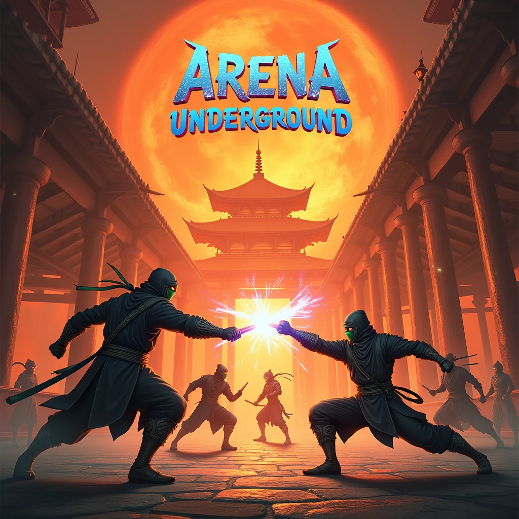 Make a ninja themed image for me , use the color orange as a base and place the word Arena Underground in the middle of the image that looks like an epic battle in feudal Japan simulating a battle between 2 classes. an image that inspires and calls people here is a detailed organization:
Include iconic and well-known characters from classic and modern games. It might be interesting to mix figures from different Action games: The two teams are in full battle, with visual effects such as energy explosions, special abilities being activated, and the characters in intense action poses.
5. Dominant Colors Main Color: vibrant orange, especially in the lights, weapons and featured elements of the arena.
Secondary colors: Unripe, blackw, metallic gray and neon blue tones to complement the orange and add contrast to the scene.
6. Text Phrase: “Arena Underground” deve estar no topo da imagem, in a modern and futuristic font. The word may be surrounded by light effects or orange flames to highlight.. centralize OBS.: Don't randomly put computers in the image and put Arena Underground, in a mystical and magical way of a tournament