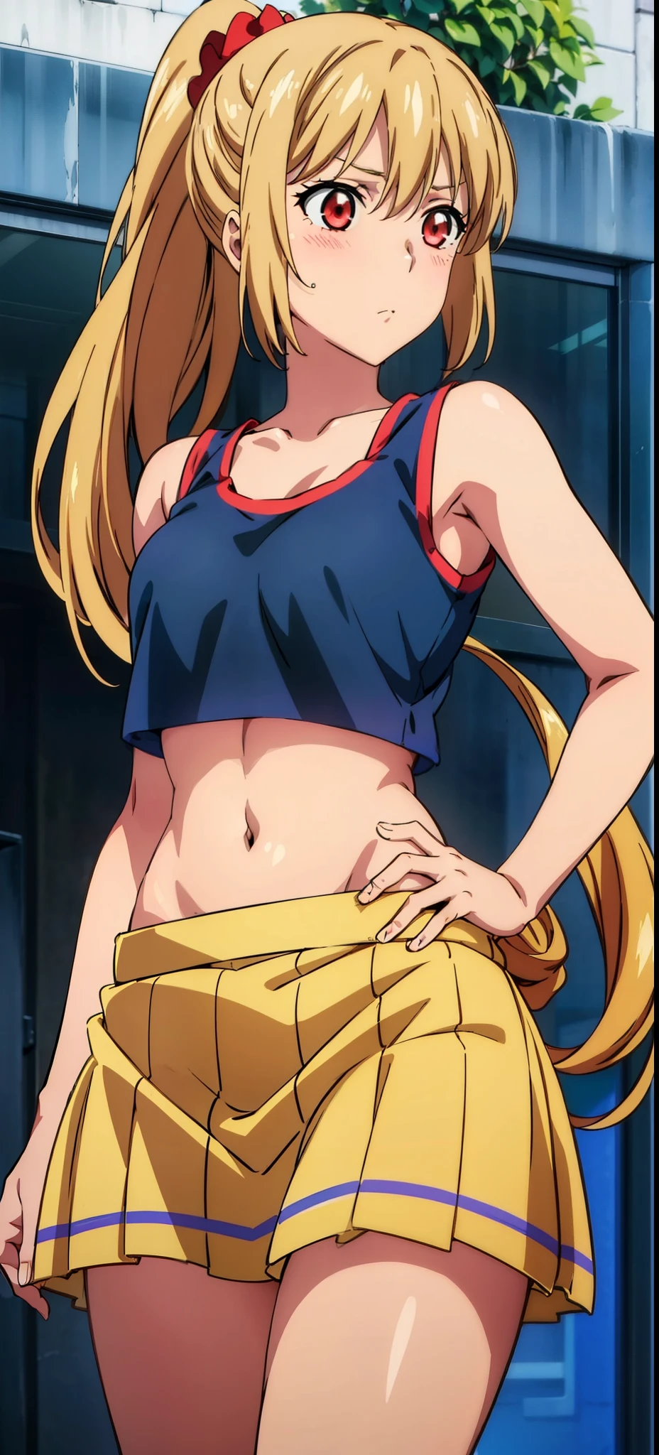 1 girl,Asagi, standing,masterpiece, cowboy_shot, red eyes, healthy skin, blushed, 20-year-old, street, cropped tank top, skirt, navel, midriff ,golden hair, long hair 