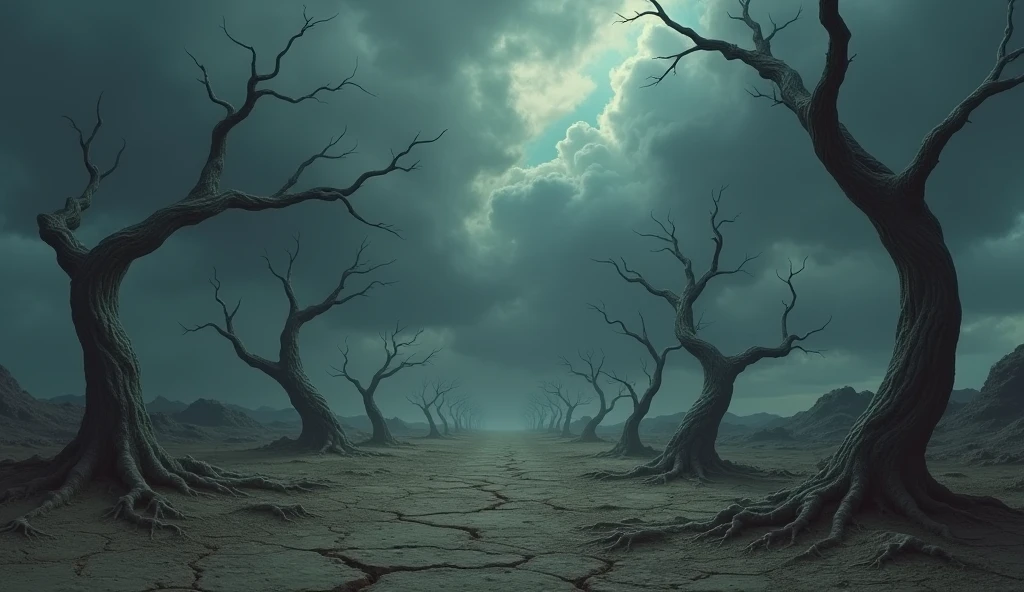 "Create an image of a desolate and bleak landscape, with arid, rocky terrain under a dark, cloudy sky. Show dry and twisted trees in an almost lifeless environment, with the ground cracked and dry, symbolizing Job's deep suffering and despair. The setting should convey a sense of isolation and intense pain."