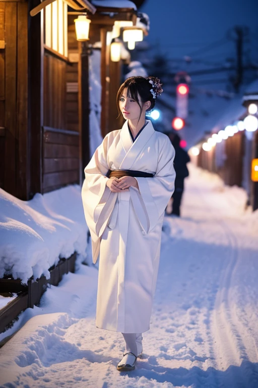 female、White kimono、snow、night