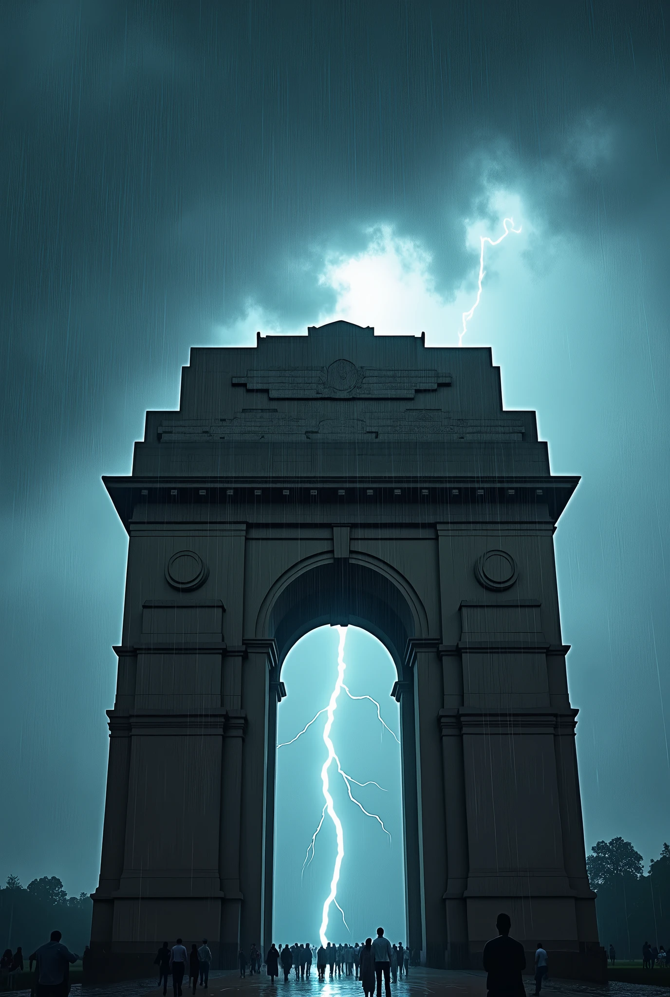 India gate delhi, rainfall and thunder light above India gate in the sky 