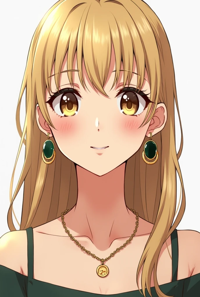 Style manga, a 30 year old woman, blanche, long straight dark blonde hair with blonde highlights, golden bezel, Brown eyes, she wears gold and dark green creoles. Gold chain necklace. Elle sourit 