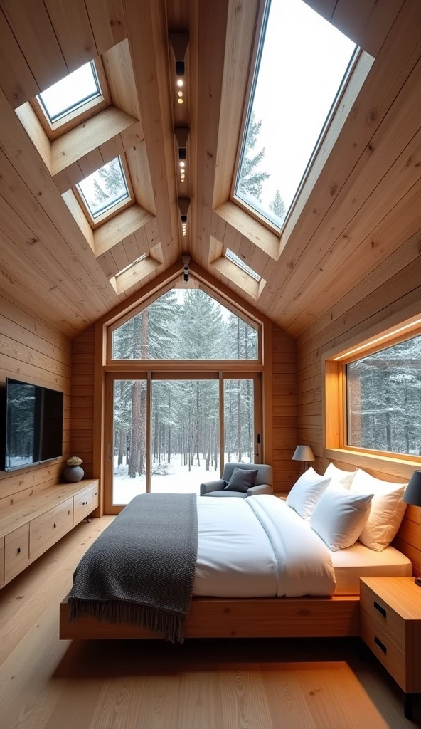 A modern log cabin bedroom with a flat, wooden ceiling punctuated by several skylights, allowing natural light to flood the space during the day and offering views of the starry sky at night. The bed, with crisp white linens and a plush gray throw, is positioned in the center of the room, facing a wall-mounted TV and built-in wooden shelving. The floor-to-ceiling window on one side looks out onto a quiet, snow-blanketed forest. A sleek, low dresser and a pair of modern nightstands with minimalist lamps add functionality without clutter. Soft lighting from recessed fixtures and hidden LED strips highlights the warm wood tones, creating a balanced blend of modernity and rustic charm.Log Cabin Bedroom