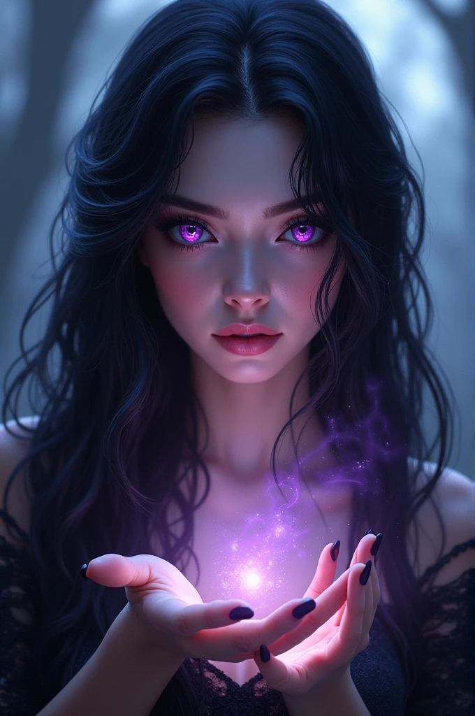 “A beautiful and charming woman with purple eyes, black hair, and magical powers.”