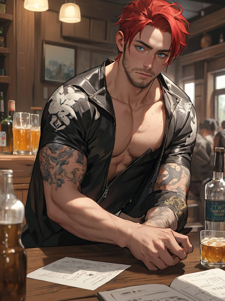 (masterpiece: 1.2), (very detailed: 1.2), (perfectly detailed), (very detailed and beautiful: 1.1) male, masterpiece, very courageous and courageous, extremely detailed, 2k wallpaper, amazing, finely detail, extremely detailed, 8k wallpaper, huge file size, ultra detailed, a high resolution, (1 person), realistic face, man, 30 years old, very short haircut, shaved temples, Red hair, Blue eyes, thick stubble, He is dressed in a black latex suit, on the background of the tavern, sitting at the table, drinking ale, alcohol intoxication, drunk face,
