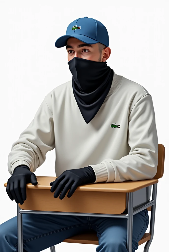 Realistic selfie image of a young man sitting on chair and school desk, all white sweatshirt, jeans, black cold gloves, Lacoste brand blue curved brim cap. The young man is looking sideways. With a black bandana on his face. shaven hair. Using the coat cap.
