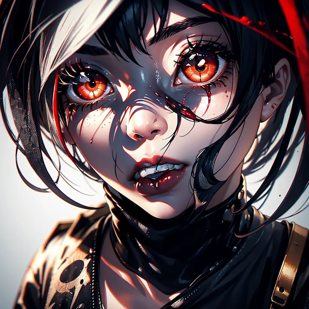 "Create a close-up, highly detailed image of an eye with blood seeping from the tear duct. The eye should appear wide open, capturing a mix of pain and intensity. The iris should be vivid, contrasting sharply with the redness of the blood. The skin around the eye is tense, with a few veins visible, and the blood trickles down the face, creating a dramatic and unsettling effect. The overall image should evoke a sense of emotion and urgency, with realistic textures and lighting that enhance the raw, visceral impact of the scene."