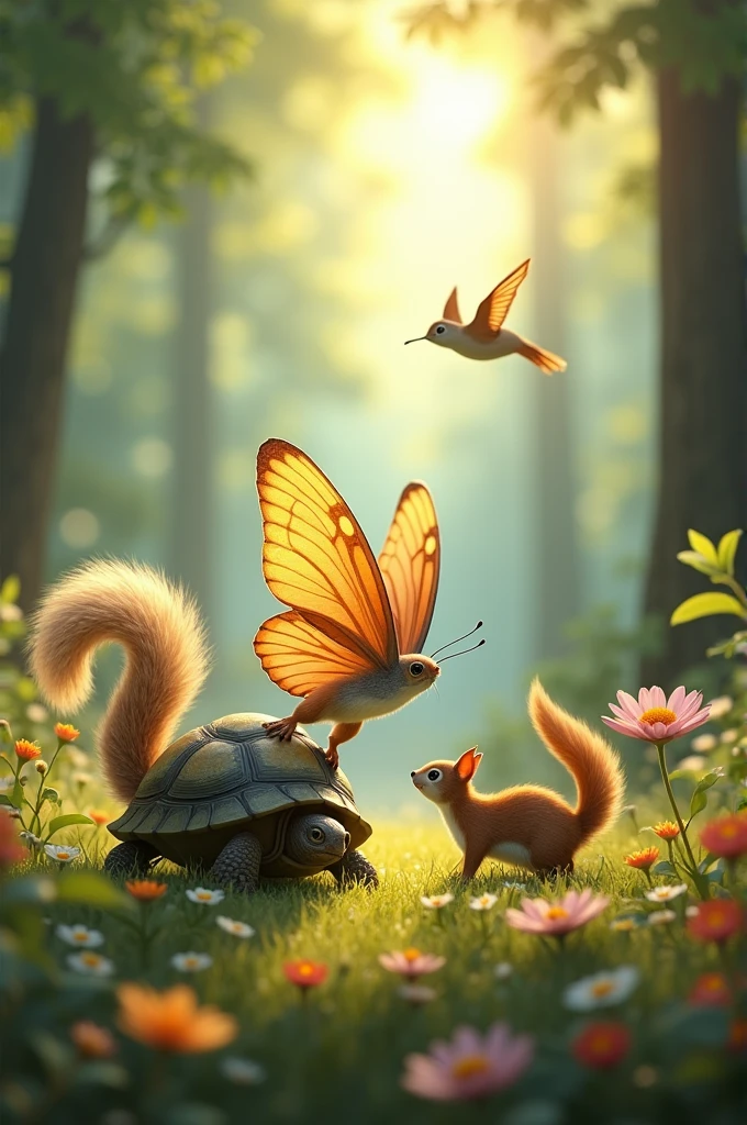 butterfly with her friends the squirrel, Tortoise, hummingbird  