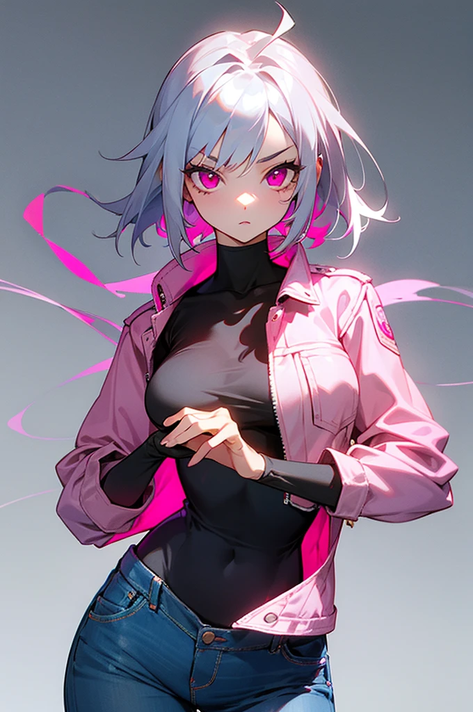a girl of average height with bright silver hair and pink eyes with a size B breast and a slim and strong build wearing only an open denim jacket