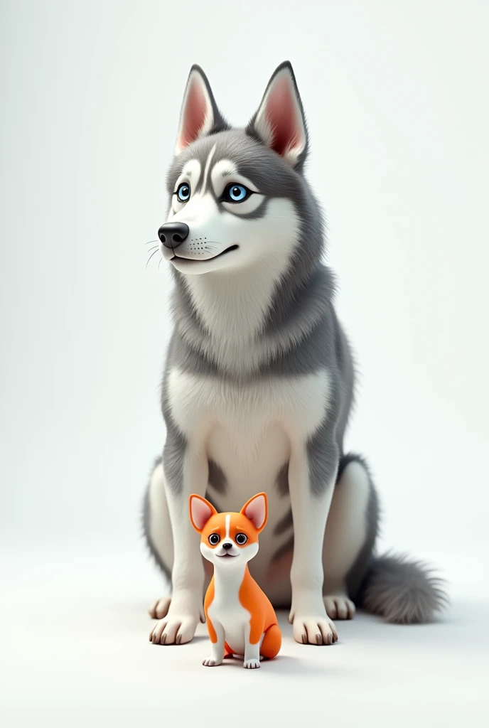 Husky in front of a white Chihuahua with orange spots