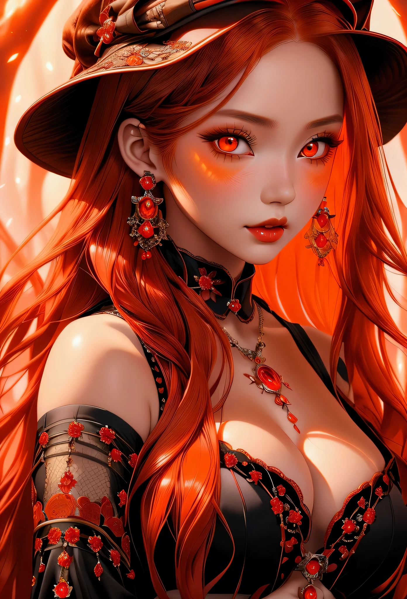 close up, beautiful young girl, red long hair, big fiery orange eyes, ulzzang, red fox in the hands, girl holding red fox, 8k, high detailed, high realism, dark fantasy art, cleavage, big breasts, looking at viewer, face portrait,