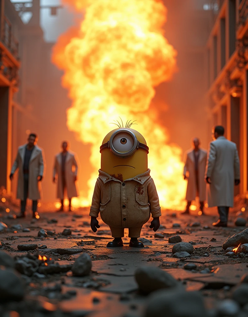 In a ruined laboratory there are scientists looking, with smoke and small fires rising from the debris. Minion Kevin steps out of the burning fire, with a determined face and dust on his body, safe from the center of the explosion. The ground around Kevin cracked., but he still stood firm.
Kevin wears a scientist suit with many burned holes