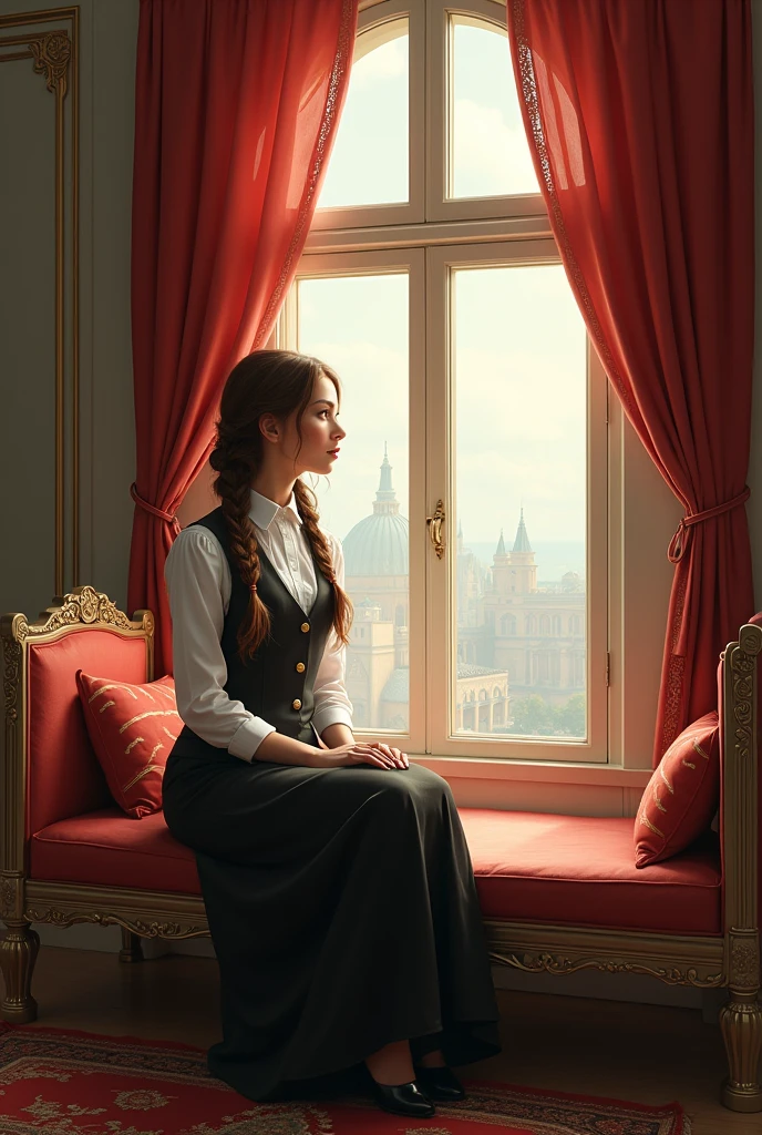 A cover for a fantasy romance novel with the title words “Beneath the Kingdom’s Shadow”: In a utopian sci-fi fantasy world, Faye, around age 27, is tall, friendly face, long brown hair in a braid, she has modest formal uniform that shows she is a staff member in a palace. She is a handmaiden to Lady Tristin. Backdrop is a cozy window seat  in a palace.