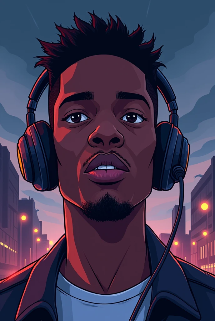 I want to create a photo for my plug-gnb style music album and I want it to be in the form of a cartoon of a young dark-skinned man with headphones listening to music seriously in a night landscape and for it to be hip hop style.