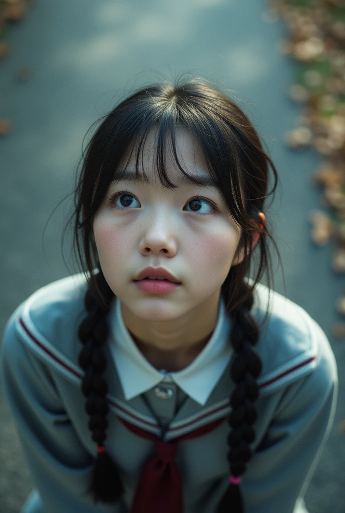 Asian  girl looking up with top perspective, with two long braids, dressed as a schoolgirl from the front, from afar, Further, where you can see your feet, Further Further 