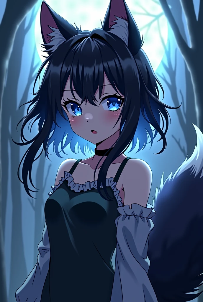 Anime girl,black hair with blue in it,wolf ears an tail,blue eyes