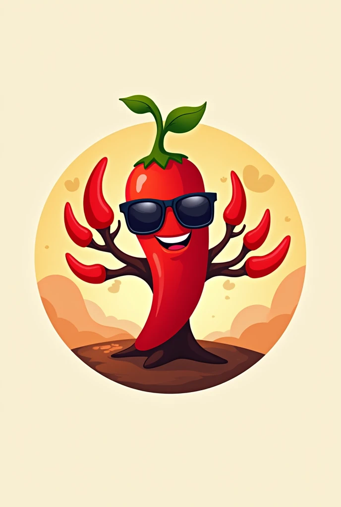 Round logo with an animated red chili tree with a happy face and sunglasses from a company called chilin
