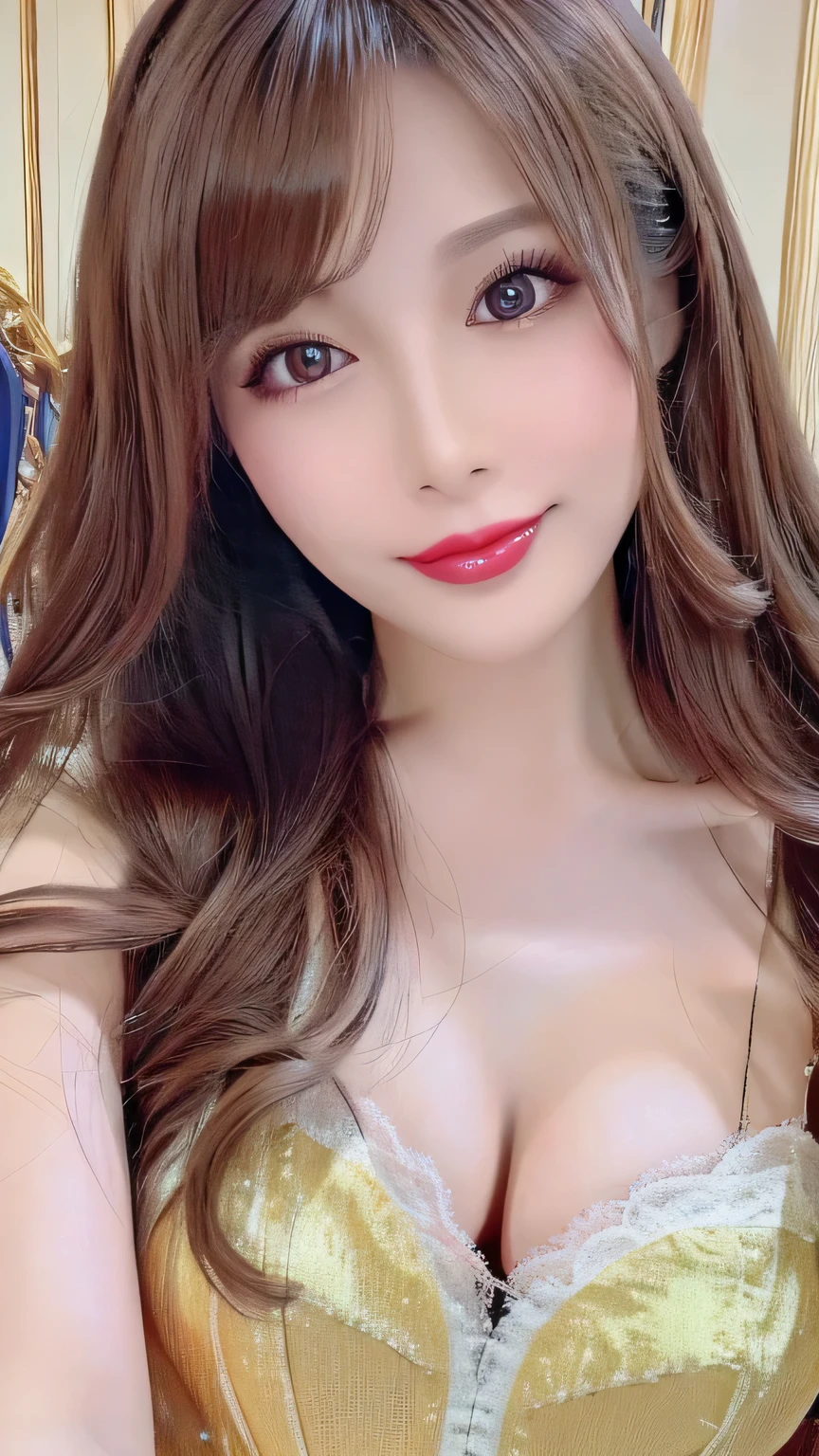 ((Highest quality, Ultra-high resolution、The most complex and detailed depiction))、(Bright lighting:1.1)、(Beautiful woman:1.1)、(Long Wavy Hair:1.05), (Accurate anatomy:1.1)、Big Breasts、Perfect cleavage、Colored contact lenses、Perfect Makeup、Pink lipstick、Highly saturated eyeshadow、Shiny metallic bodycon、Blurred Background, Look at me and smile、Luxurious Room、(Ultra-high resolution gloss, Fair skin:1.1)、Ultra-high resolutionの顔、Ultra-high resolutionの髪、Ultra-high resolution sparkling eyes、Ultra-high resolution glossy lips、Beautiful face drawn in every detail、Ultra-high resolution perfect beautiful teeth、(Bright and vivid:1.1), whole body, Beautiful legs in every detail