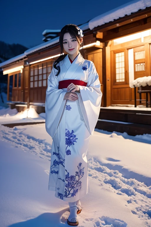 female、White kimono、snow、night