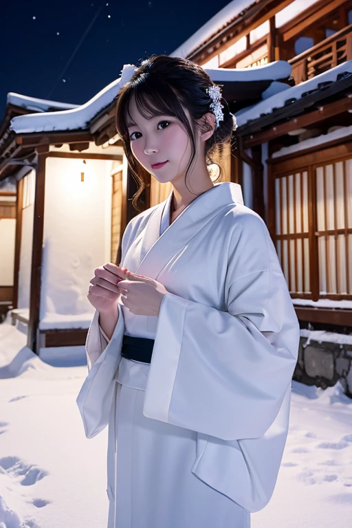 female、White kimono、snow、night