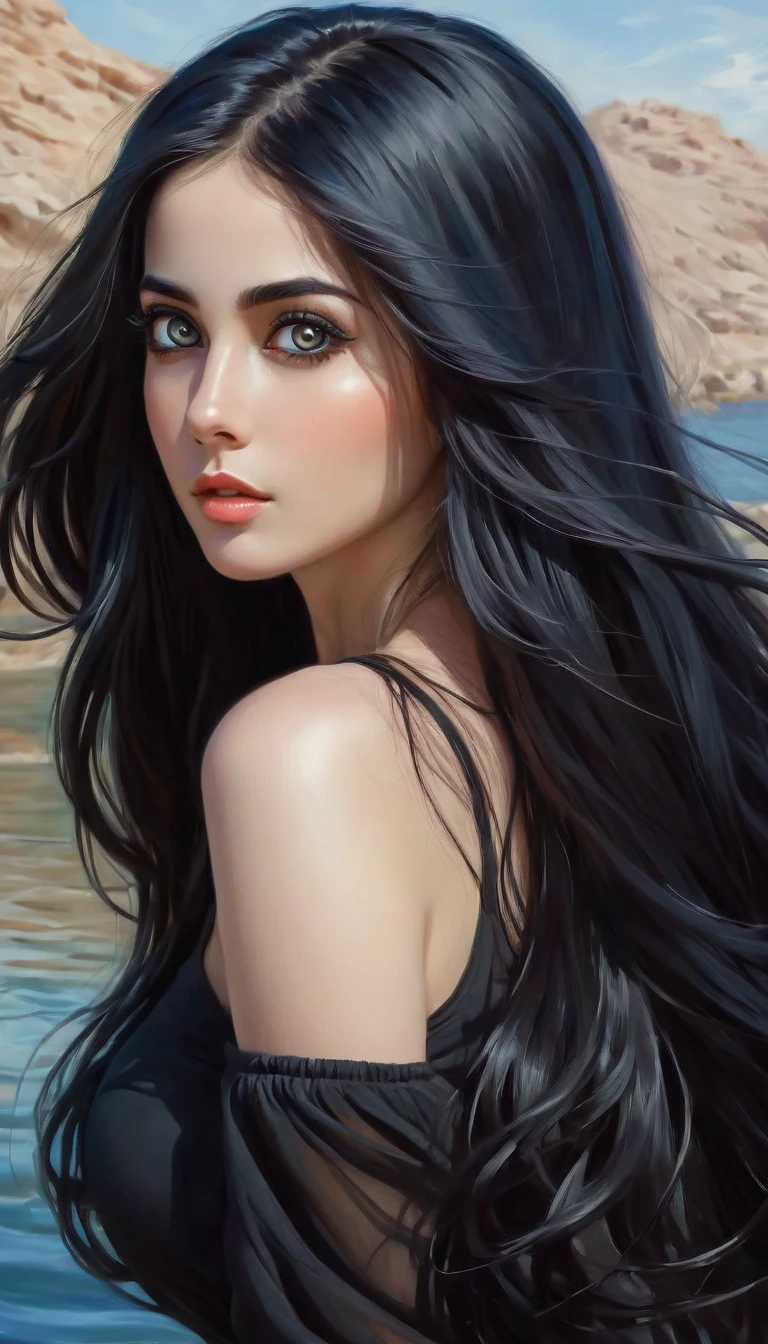 A woman with long black hair and a black top posing for a photo., black hair and big eyes, Girl with black hair, wonderful dark hair, beautiful black hair, attractive girl, Beautiful art, very beautiful girl, pale skin persian girl, Beautiful art, Beautiful model girl, in bowater art style, realism artistic style