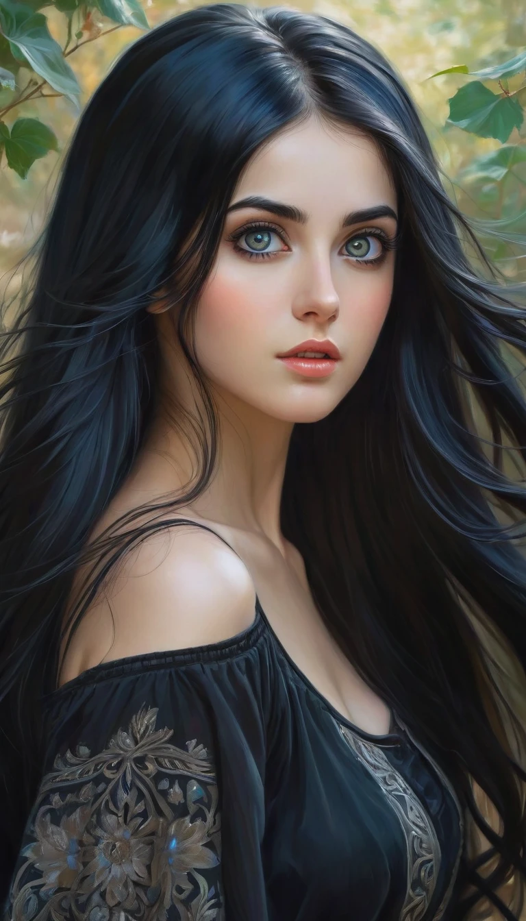 A woman with long black hair and a black top posing for a photo., black hair and big eyes, Girl with black hair, wonderful dark hair, beautiful black hair, attractive girl, Beautiful art, very beautiful girl, pale skin persian girl, Beautiful art, Beautiful model girl, in bowater art style, realism artistic style