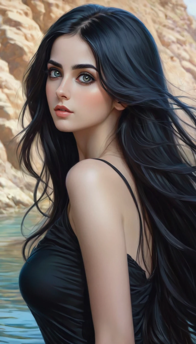 A woman with long black hair and a black top posing for a photo., black hair and big eyes, Girl with black hair, wonderful dark hair, beautiful black hair, attractive girl, Beautiful art, very beautiful girl, pale skin persian girl, Beautiful art, Beautiful model girl, in bowater art style, realism artistic style