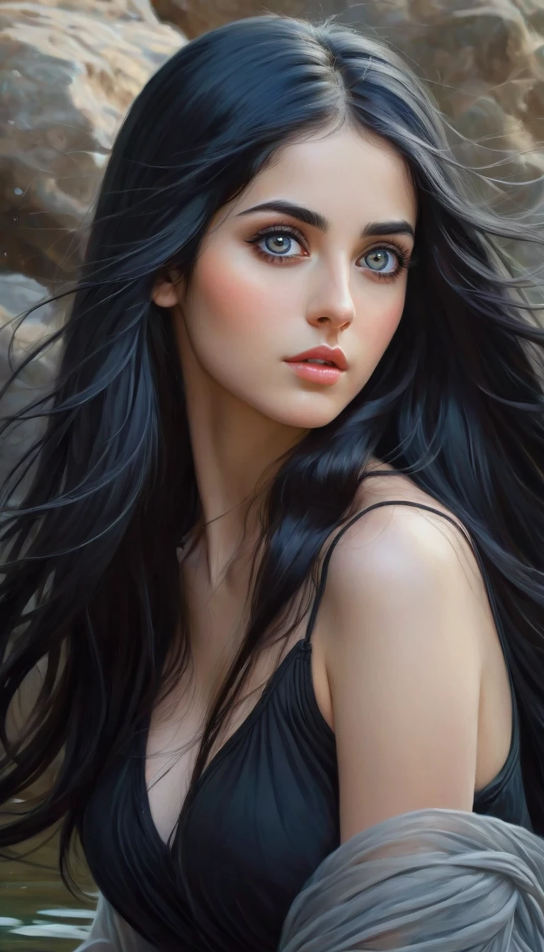 A woman with long black hair and a black top posing for a photo., black hair and big eyes, Girl with black hair, wonderful dark hair, beautiful black hair, attractive girl, Beautiful art, very beautiful girl, pale skin persian girl, Beautiful art, Beautiful model girl, in bowater art style, realism artistic style