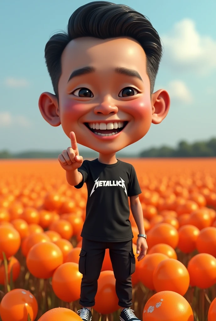 4d caricature,big head,Indonesian man 3 ,Neat middle parted straight hair,grinning,wearing a black metallica t-shirt,black cargo pants,vans shoes,pointing finger forward,grounded orange polos,ultrahd,hyper realistic,ultra detail,super image quality,16k