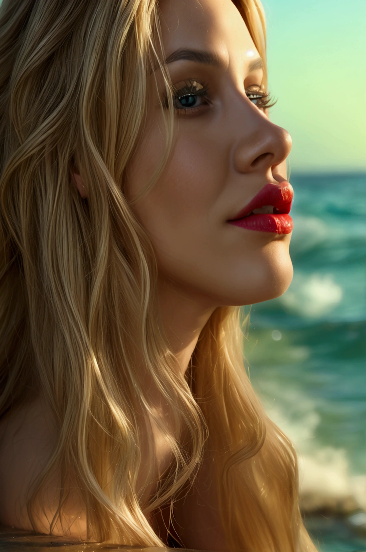 A very attractive and beautiful naked woman with long curly blonde hair, red lips and a hairless vagina, posing by the sea.