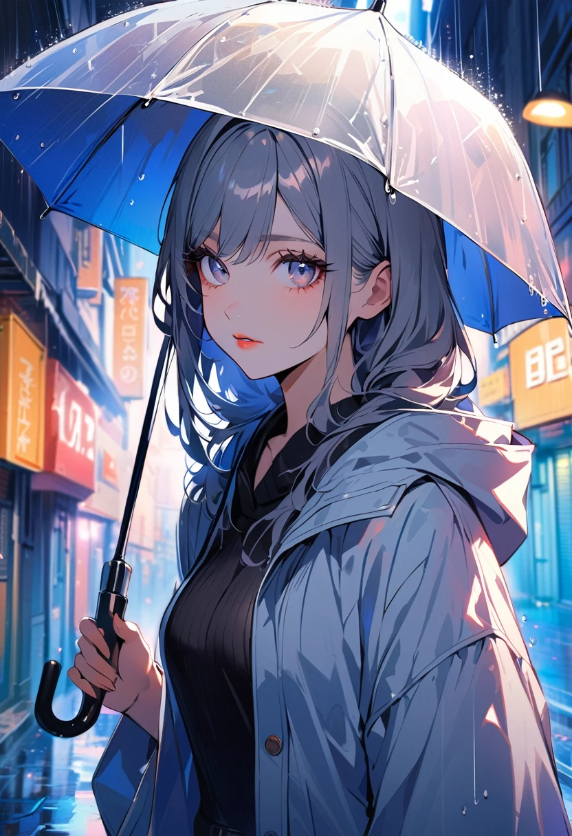 1woman, solo, gray eyes, detailed eyes, eyelashes, light lips, 25years old, she's holding an umbrella, standing, raining, residential area with sunshine