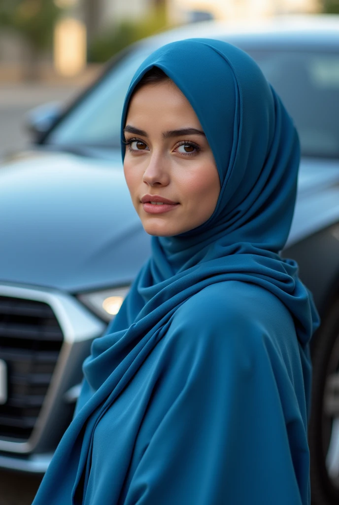 Please make me a realistic photo of a woman in a light gray hijab, light blue color t-shirt standing on a paving with the background of house and sky. The individual