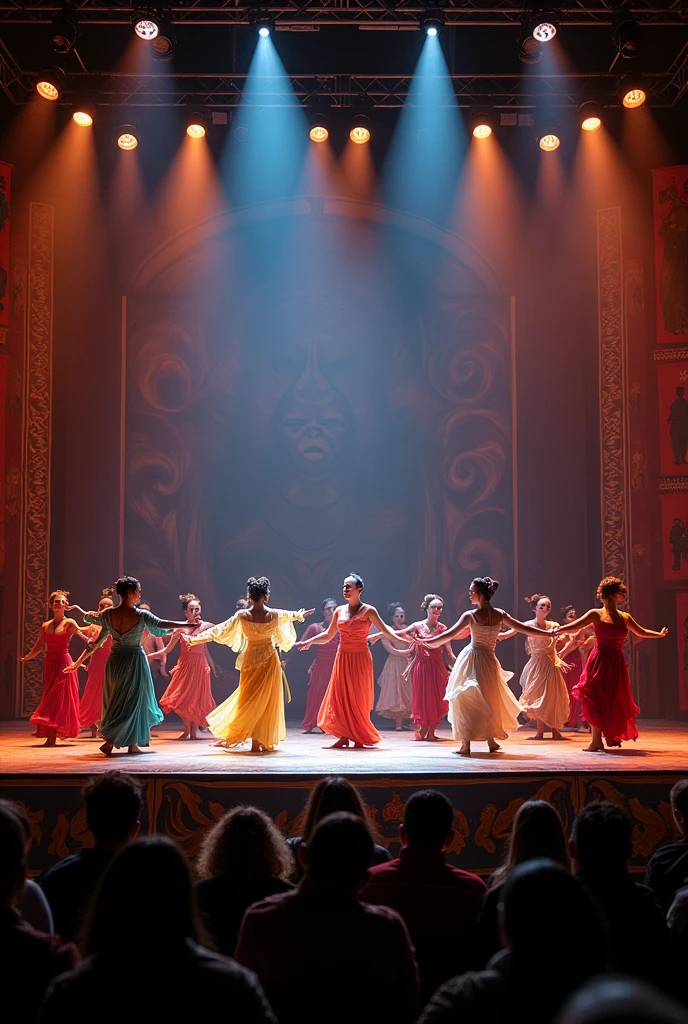 stage where there are person with different race showcasing their talents make put a text on top that says "every human is unique but not different"