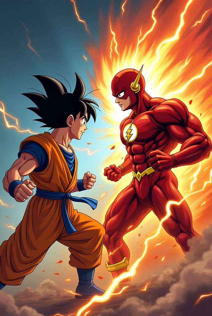 Create an image that represents Goku from Dragon Ball fighting against Fat Flash